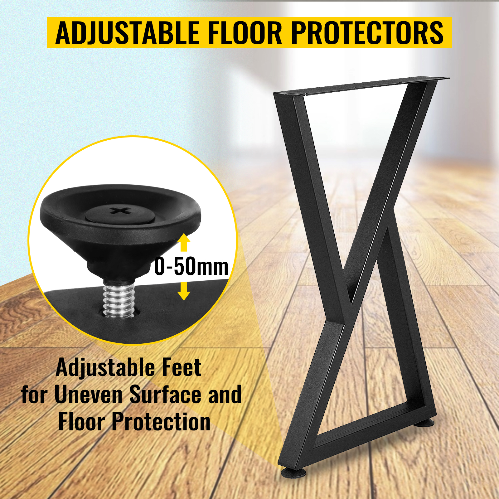 VEVOR metal table legs with adjustable feet for uneven surfaces and floor protection.
