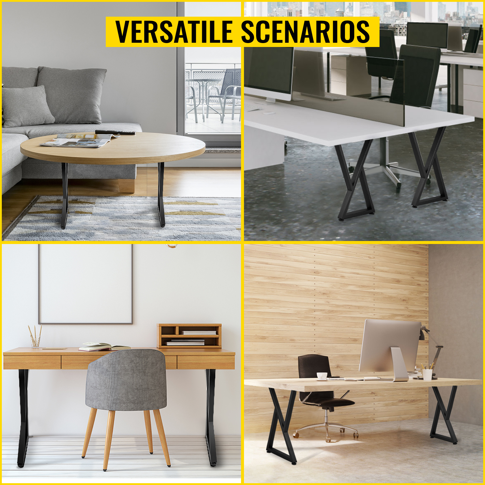 VEVOR metal table legs in living room, office, minimalist workspace, and home office.
