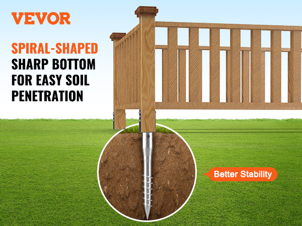 VEVOR no dig ground anchor features spiral-shaped sharp bottom for easy soil penetration and better stability.