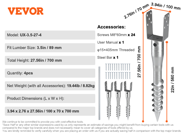 VEVOR no dig ground anchor, model ux-3.5-27-4, 3.5in lumber fit, 4pcs, 27.56in height, 19.44lb weight.