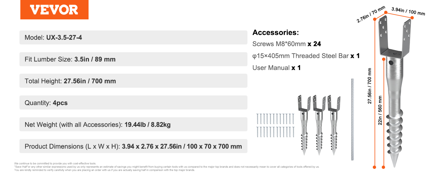 VEVOR no dig ground anchor, model ux-3.5-27-4, 3.5in lumber fit, 4pcs, 27.56in height, 19.44lb weight.