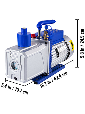 VEVOR vacuum pump with dimensions: 16.7"x5.4"x9.8" (42.4cm x 13.7cm x 24.9cm).