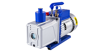 VEVOR vacuum pump with a blue handle, silver body, and visible gauge on the front.