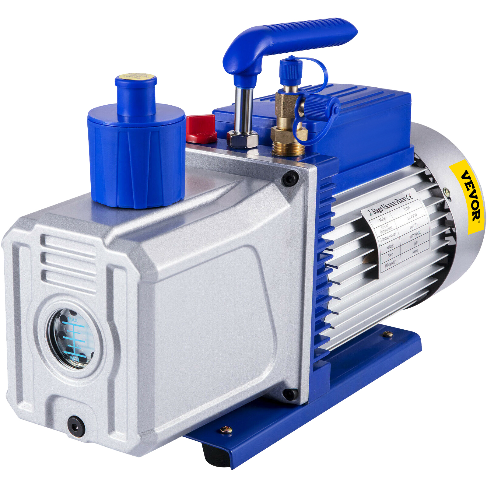 VEVOR vacuum pump with blue handle and pressure gauge on a white background.