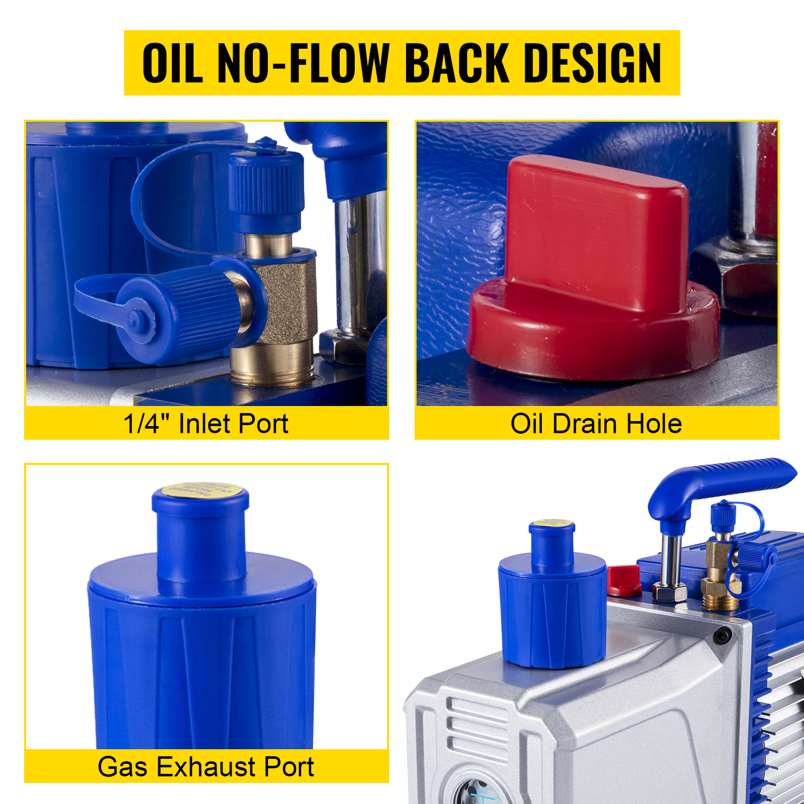 VEVOR vacuum pump with oil no-flow back design and labeled ports.