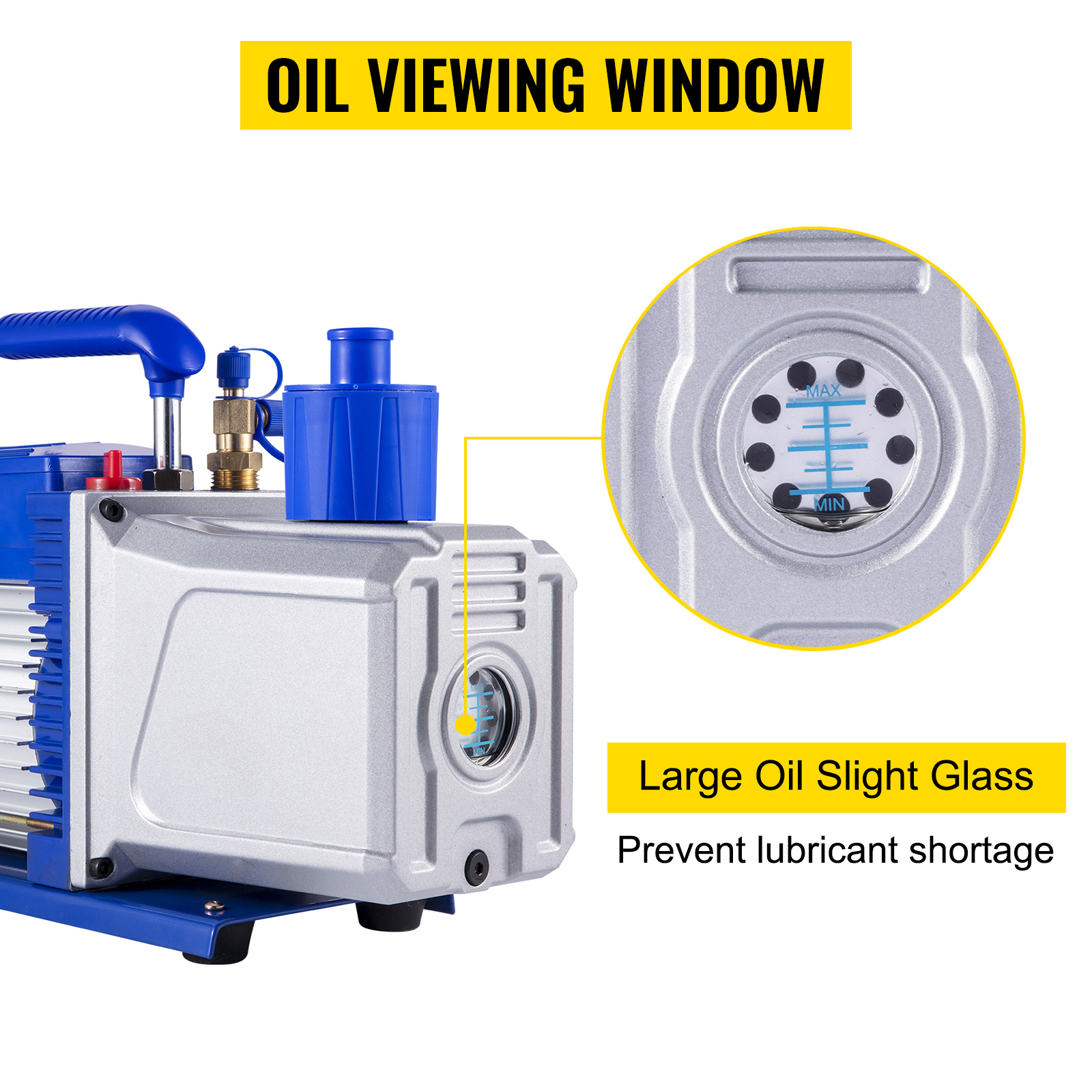 VEVOR vacuum pump with oil viewing window and large oil sight glass. prevent lubricant shortage.