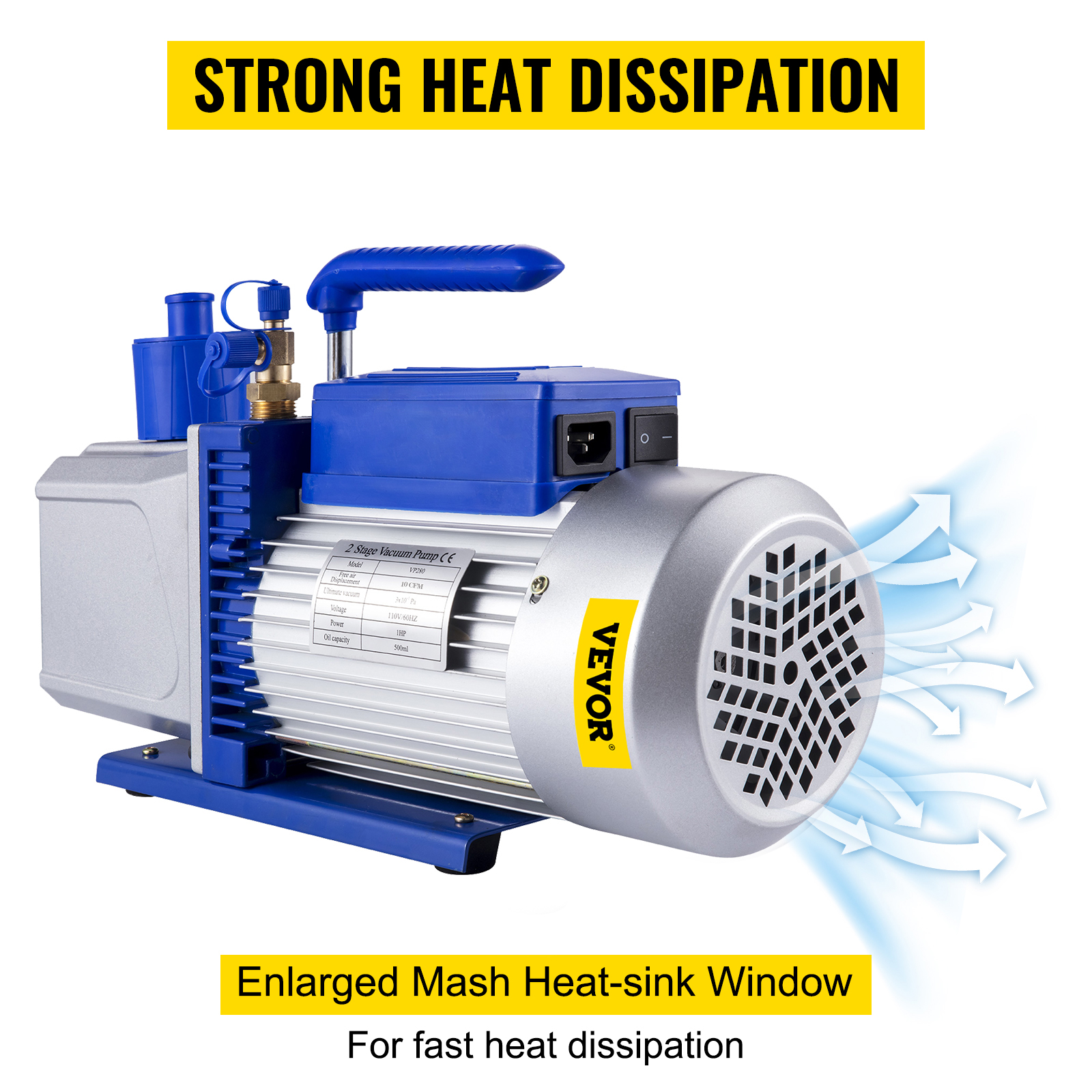 VEVOR vacuum pump with strong heat dissipation and enlarged heat-sink window.