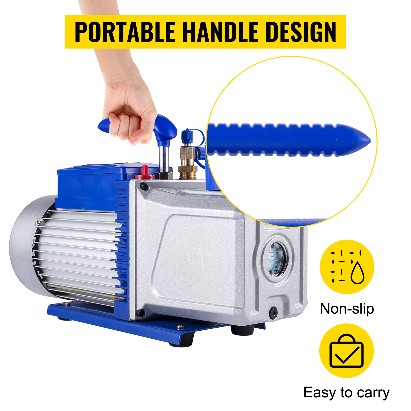 VEVOR vacuum pump with non-slip portable handle design for easy carrying.