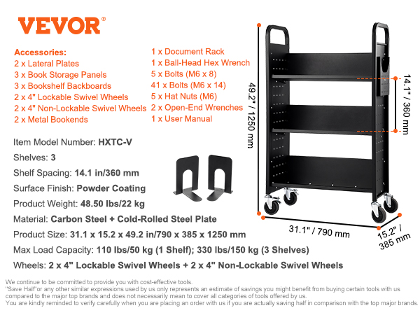 VEVOR book cart, 3 shelves, 4" swivel wheels, powder-coated carbon steel, 1250 mm tall.