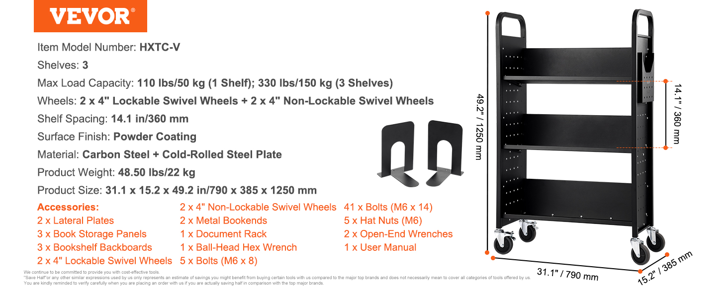 VEVOR book cart, 3 shelves, 4" swivel wheels, powder-coated carbon steel, 1250 mm tall.
