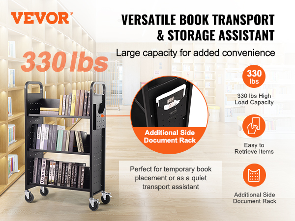 VEVOR book cart showcasing sturdy design with 330 lbs capacity, side document rack, in a library setting.