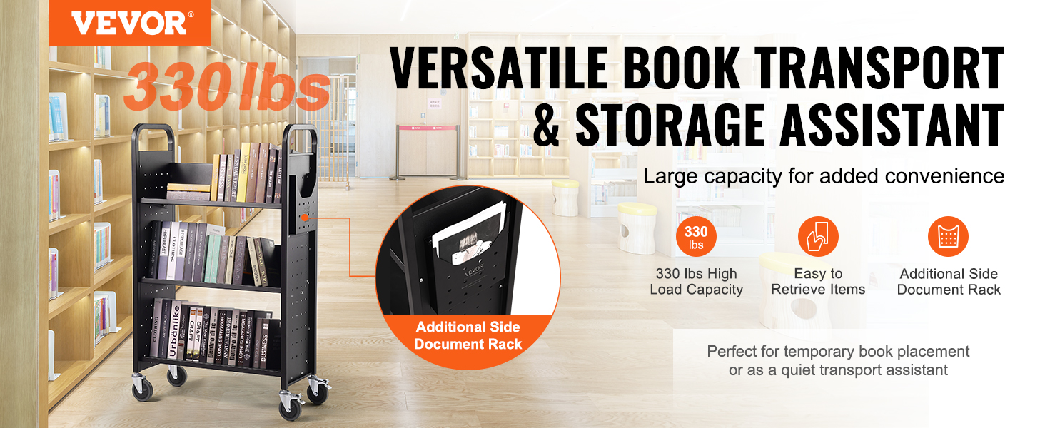 VEVOR book cart showcasing sturdy design with 330 lbs capacity, side document rack, in a library setting.
