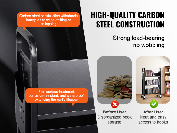 carbon steel VEVOR book cart with fine surface treatment, durable and waterproof for neat book storage.