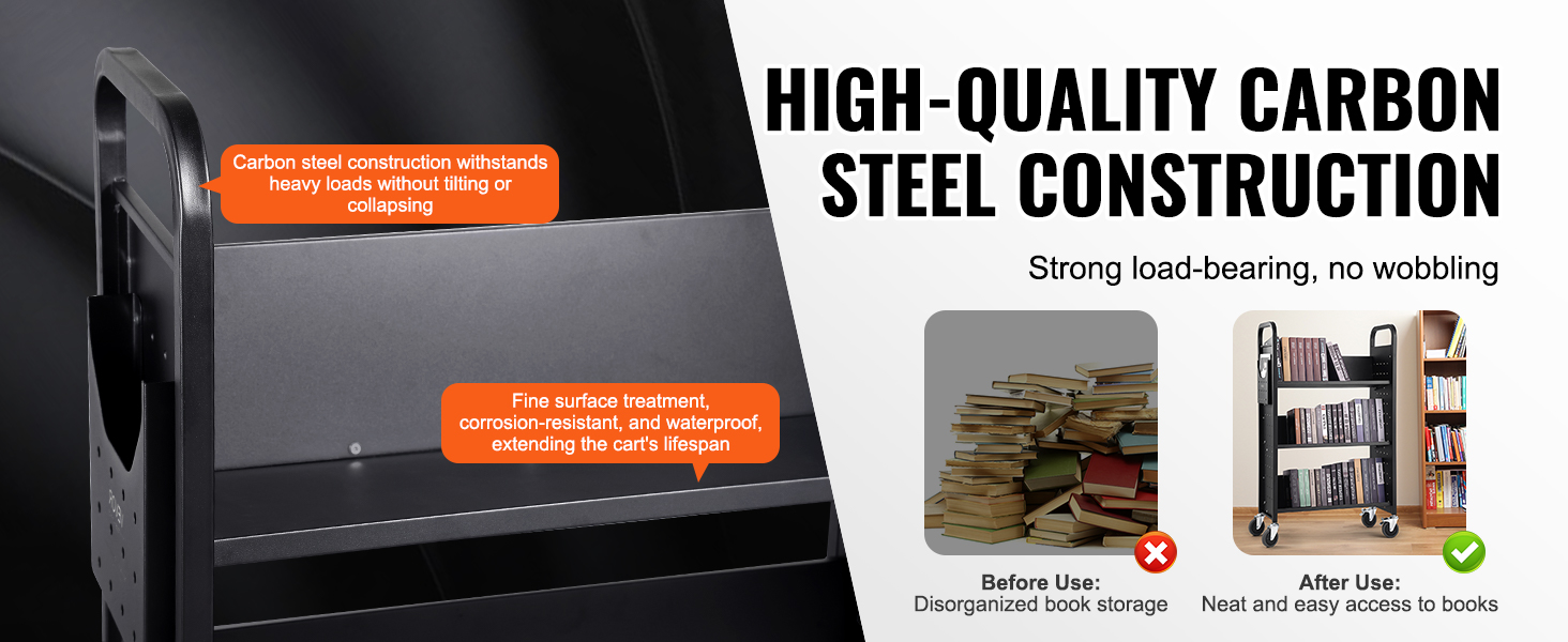 carbon steel VEVOR book cart with fine surface treatment, durable and waterproof for neat book storage.