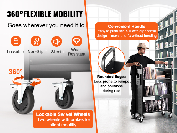 VEVOR book cart with 360° mobility, lockable swivel wheels, ergonomic handle, and rounded edges.