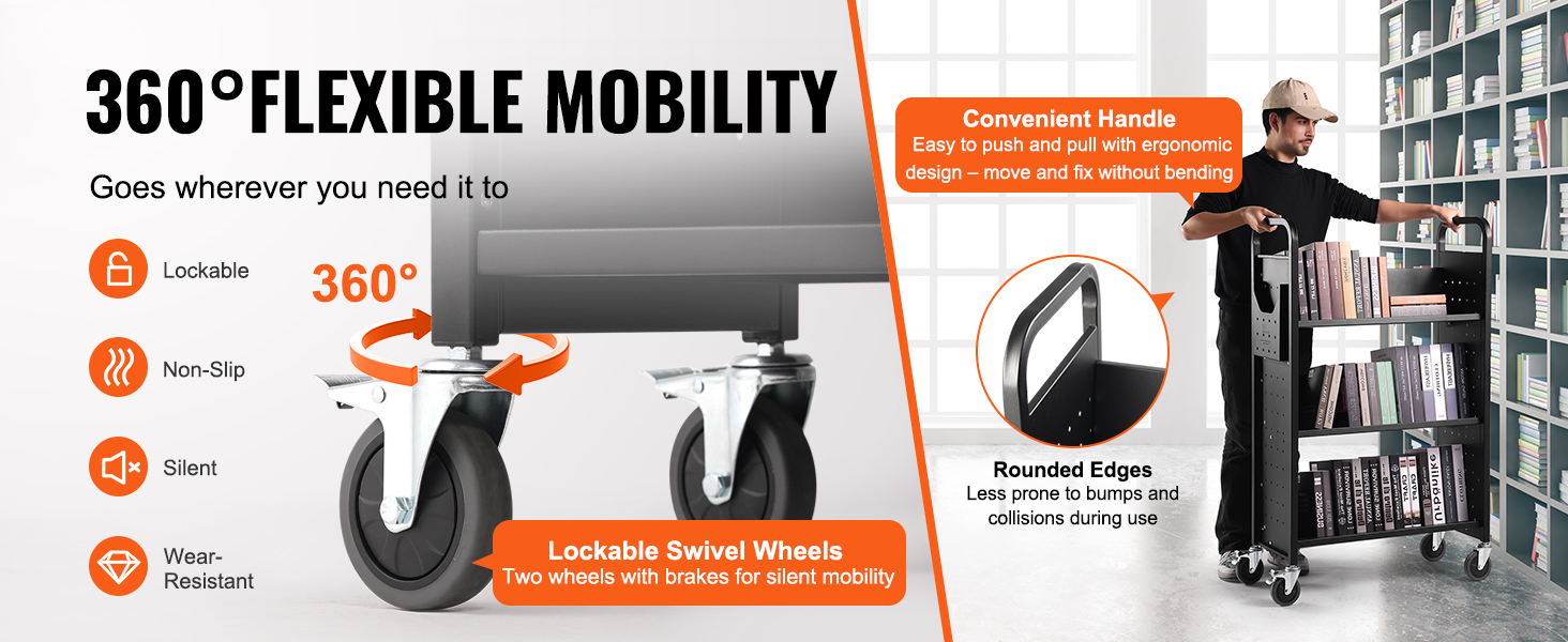 VEVOR book cart with 360° mobility, lockable swivel wheels, ergonomic handle, and rounded edges.