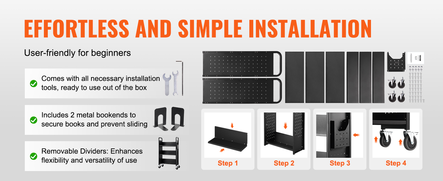 effortless installation of VEVOR book cart with metal bookends, removable dividers, and included tools.
