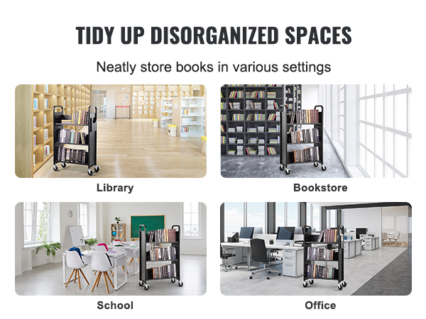 VEVOR book cart neatly organizing books in library, bookstore, school, and office settings.