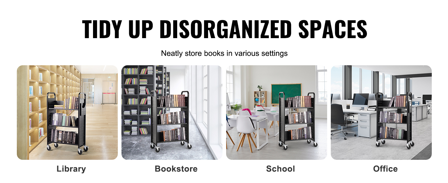 VEVOR book cart neatly organizing books in library, bookstore, school, and office settings.