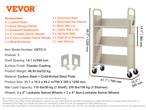 VEVOR book cart with 3 shelves, lockable swivel wheels, carbon steel, 110 lbs per shelf capacity.