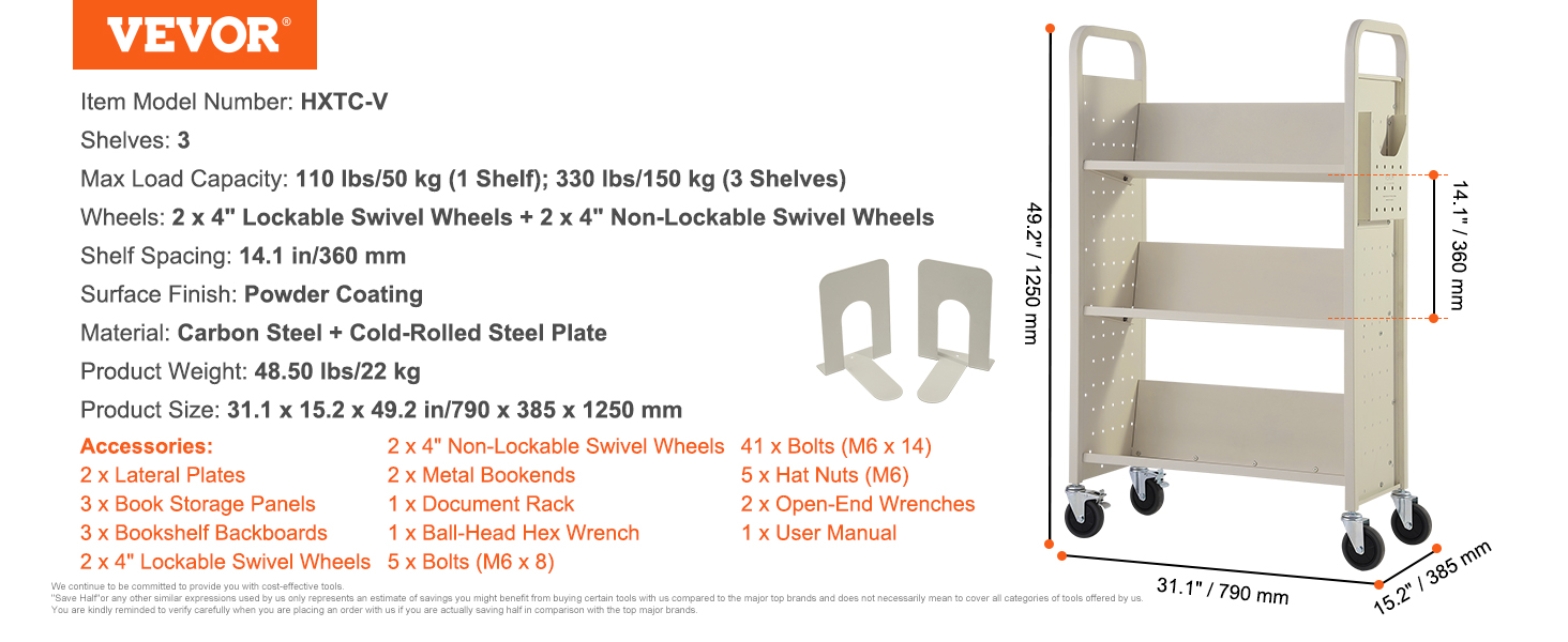 VEVOR book cart with 3 shelves, lockable swivel wheels, carbon steel, 110 lbs per shelf capacity.