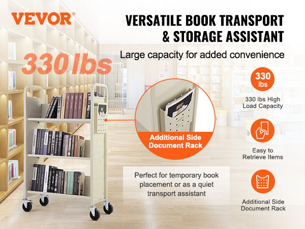 VEVOR book cart with 330lb capacity in a library setting, additional side document rack highlighted.