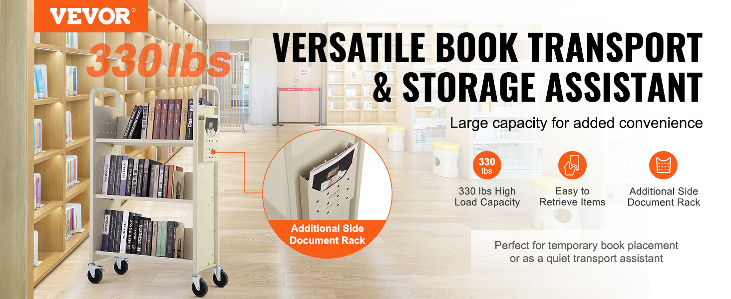 VEVOR book cart with 330lb capacity in a library setting, additional side document rack highlighted.