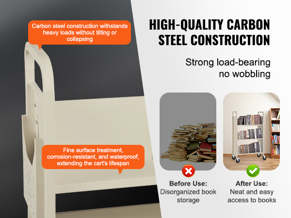 VEVOR book cart with high-quality carbon steel, corrosion-resistant, handles heavy loads, no wobbling.