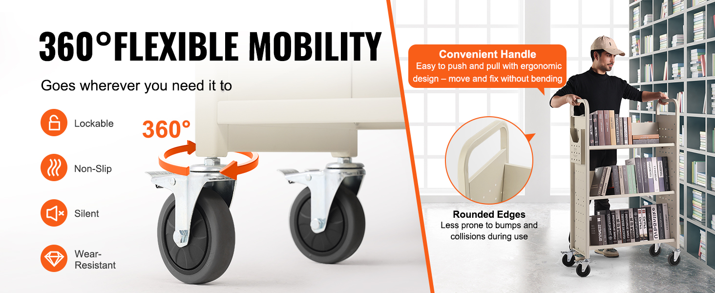 VEVOR book cart with 360° lockable wheels, ergonomic handle, and rounded edges for easy maneuvering.