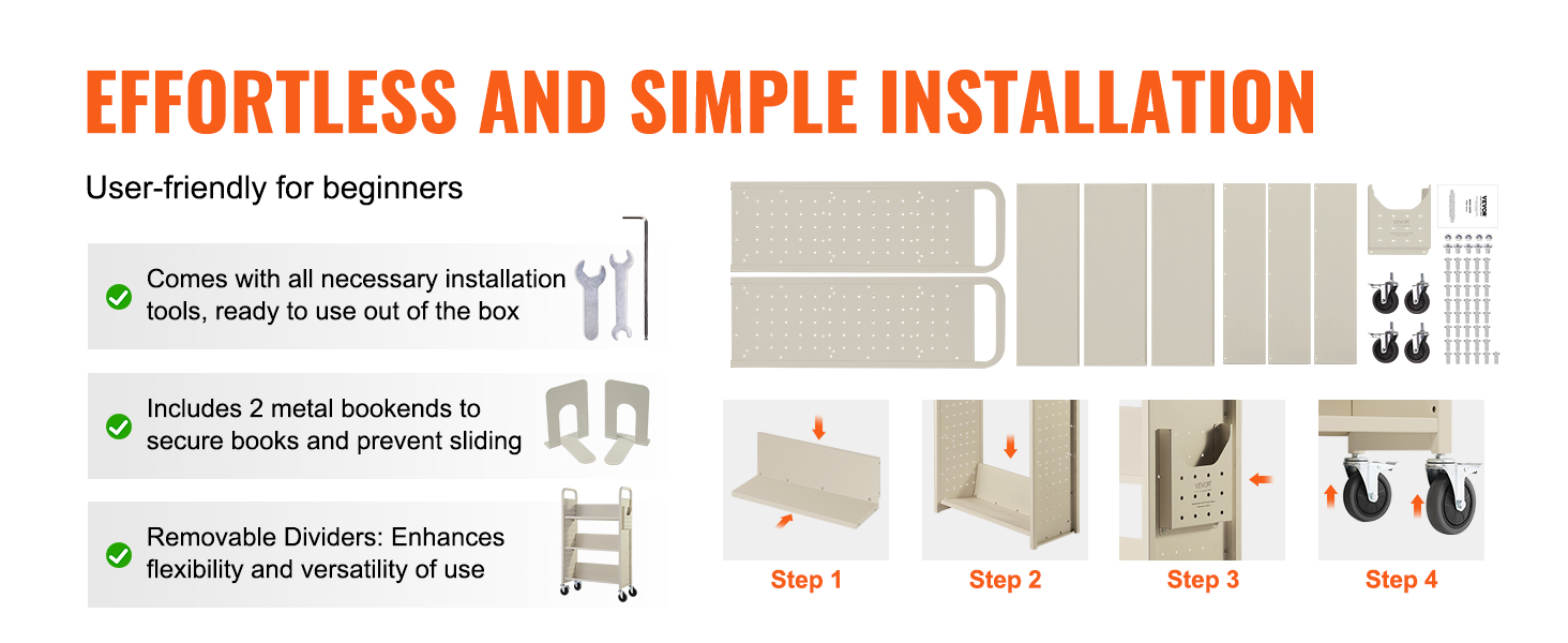 effortless installation of VEVOR book cart with tools, metal bookends, and removable dividers detailed.