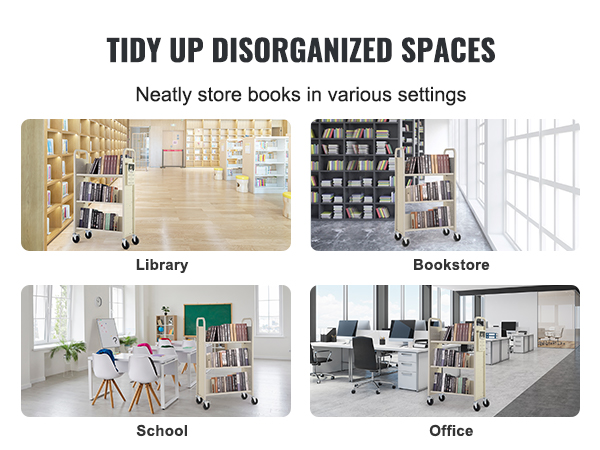 VEVOR book cart used in library, bookstore, school, and office settings for organizing books efficiently.