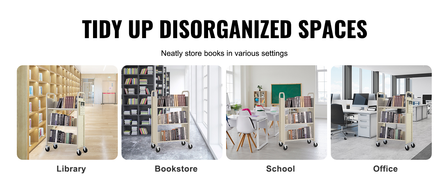 VEVOR book cart used in library, bookstore, school, and office settings for organizing books efficiently.