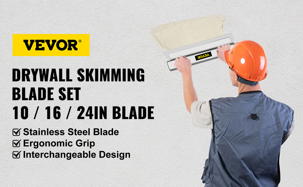worker using VEVOR skimming blade on drywall, highlighting stainless steel blade and ergonomic grip.