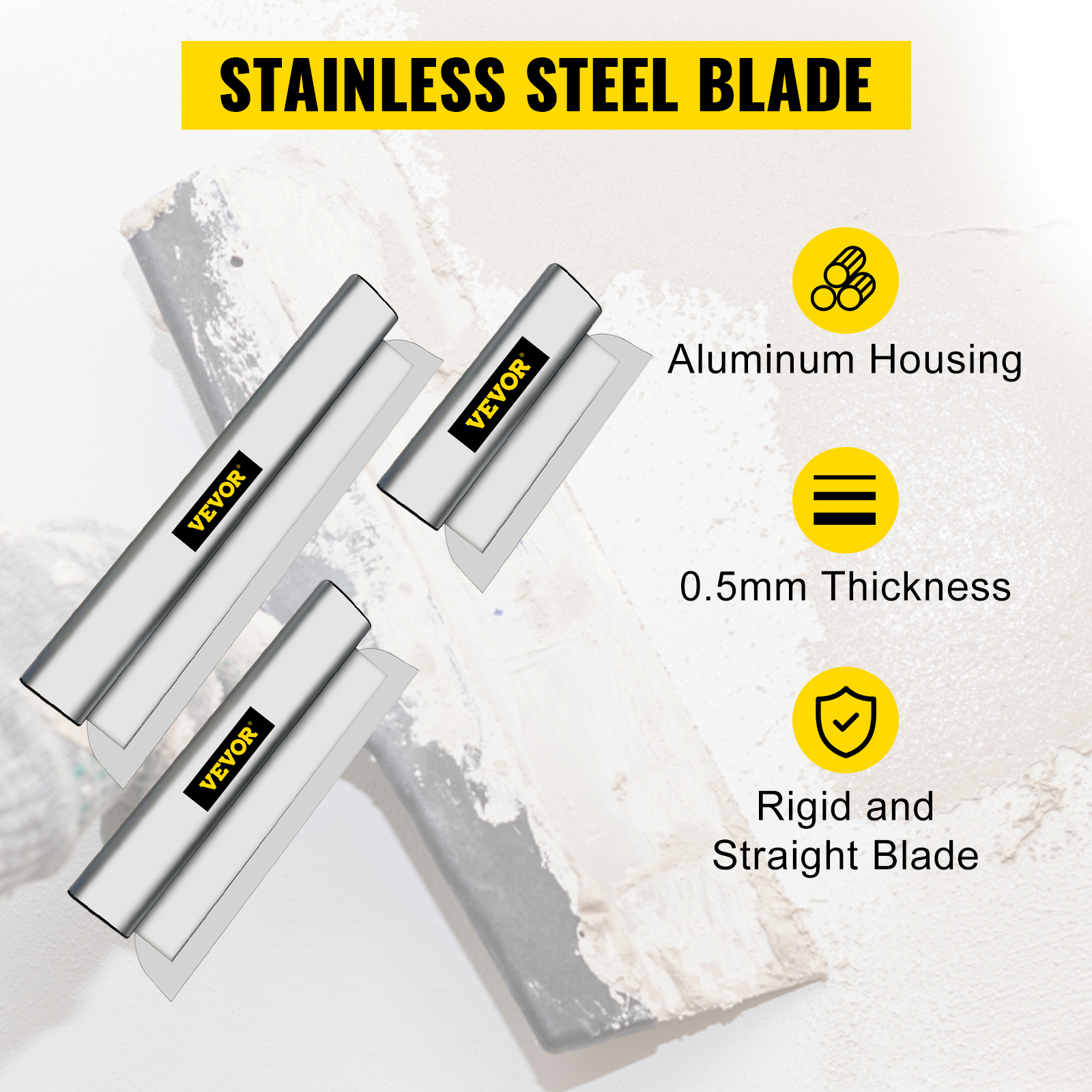 VEVOR skimming blade with stainless steel, aluminum housing, 0.5mm thickness, and rigid straight design.