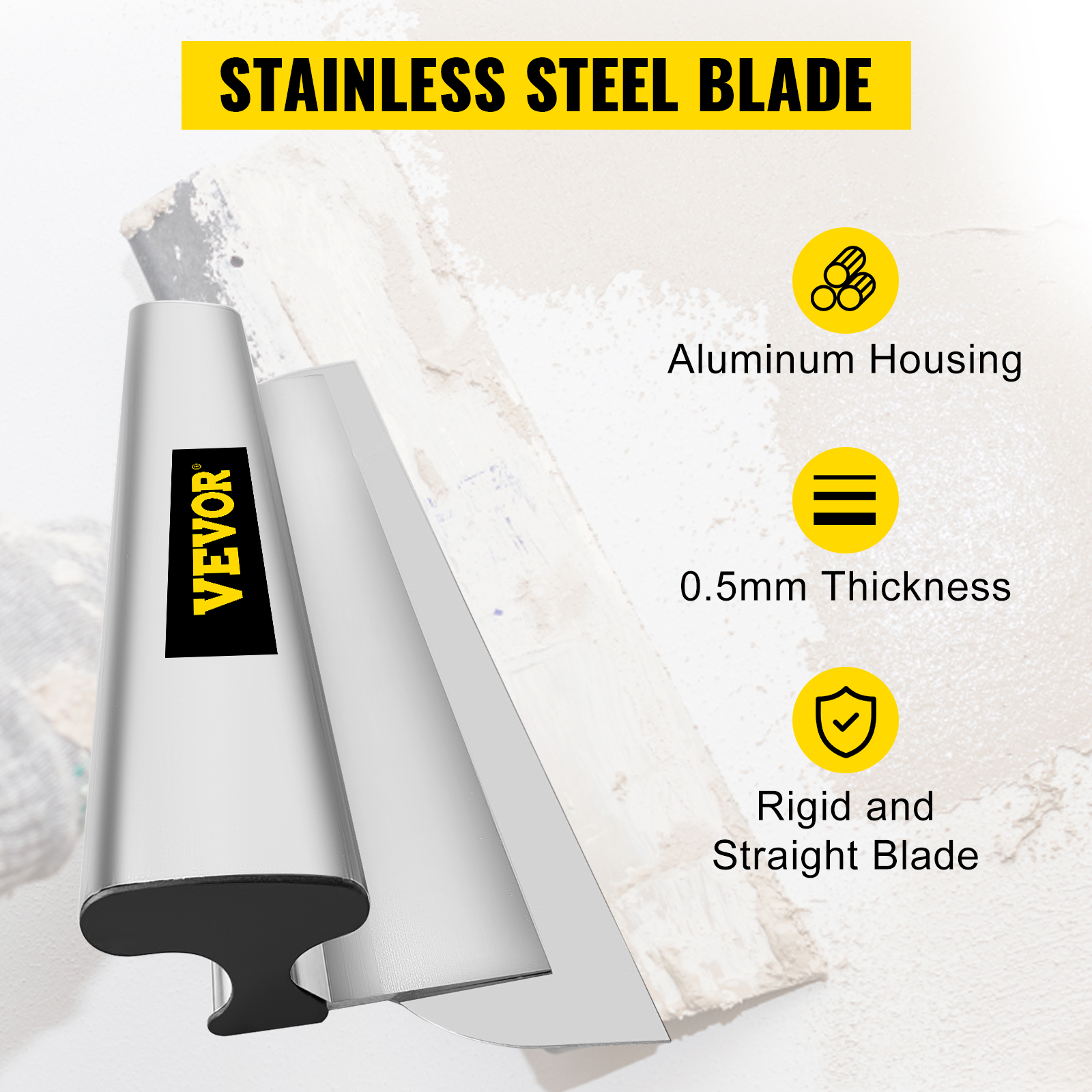 VEVOR skimming blade with aluminum housing, 0.5mm thickness, and rigid, straight blade.