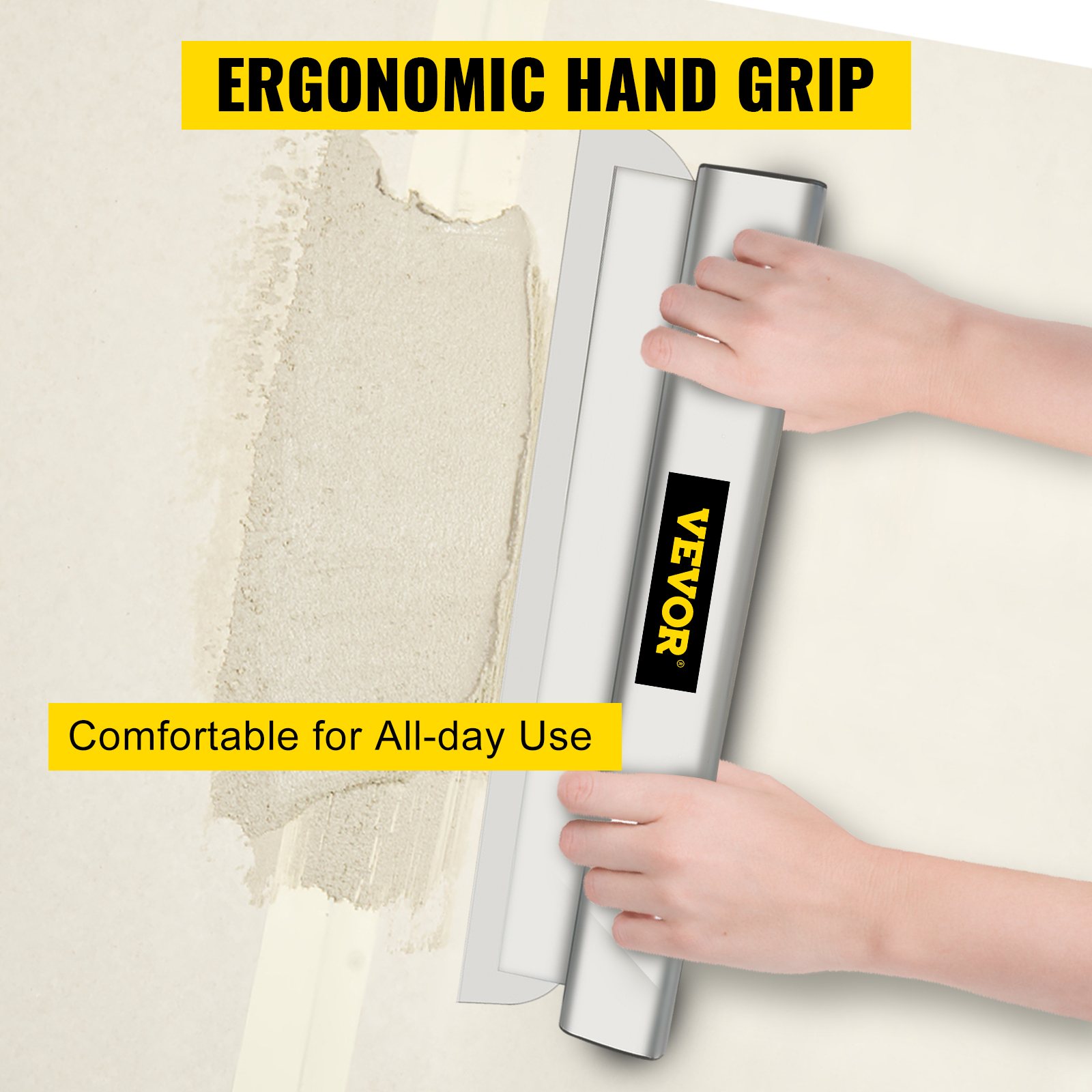 hands using VEVOR skimming blade with ergonomic grip on a wall for smooth plaster application.