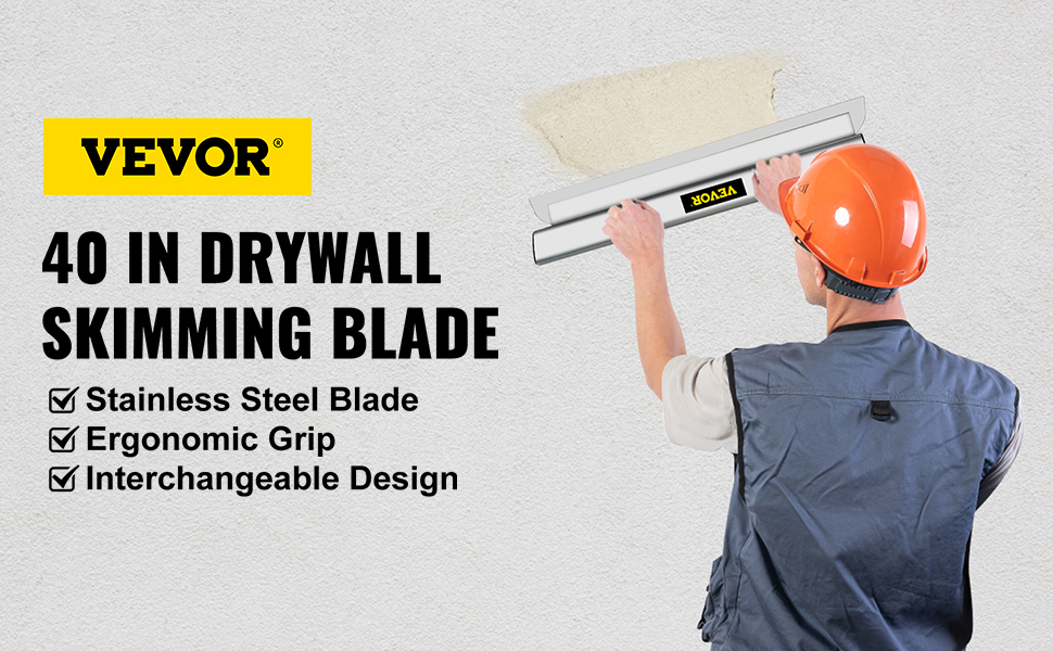 worker using VEVOR 40 in drywall skimming blade with stainless steel blade and ergonomic grip.