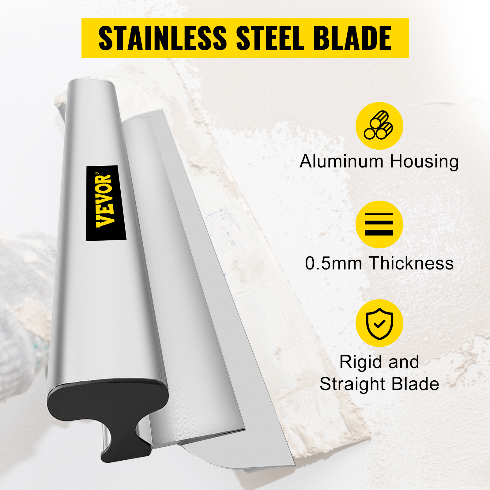 VEVOR skimming blade: stainless steel blade with aluminum housing, 0.5mm thickness, and rigid design.