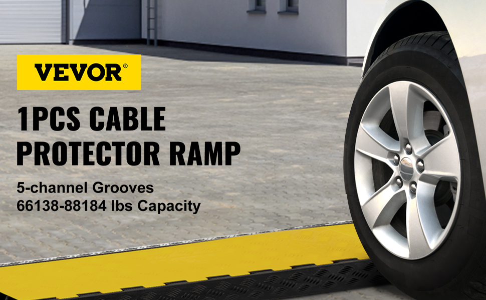VEVOR 5 channel cable protectors ramp under car wheel with yellow cover.