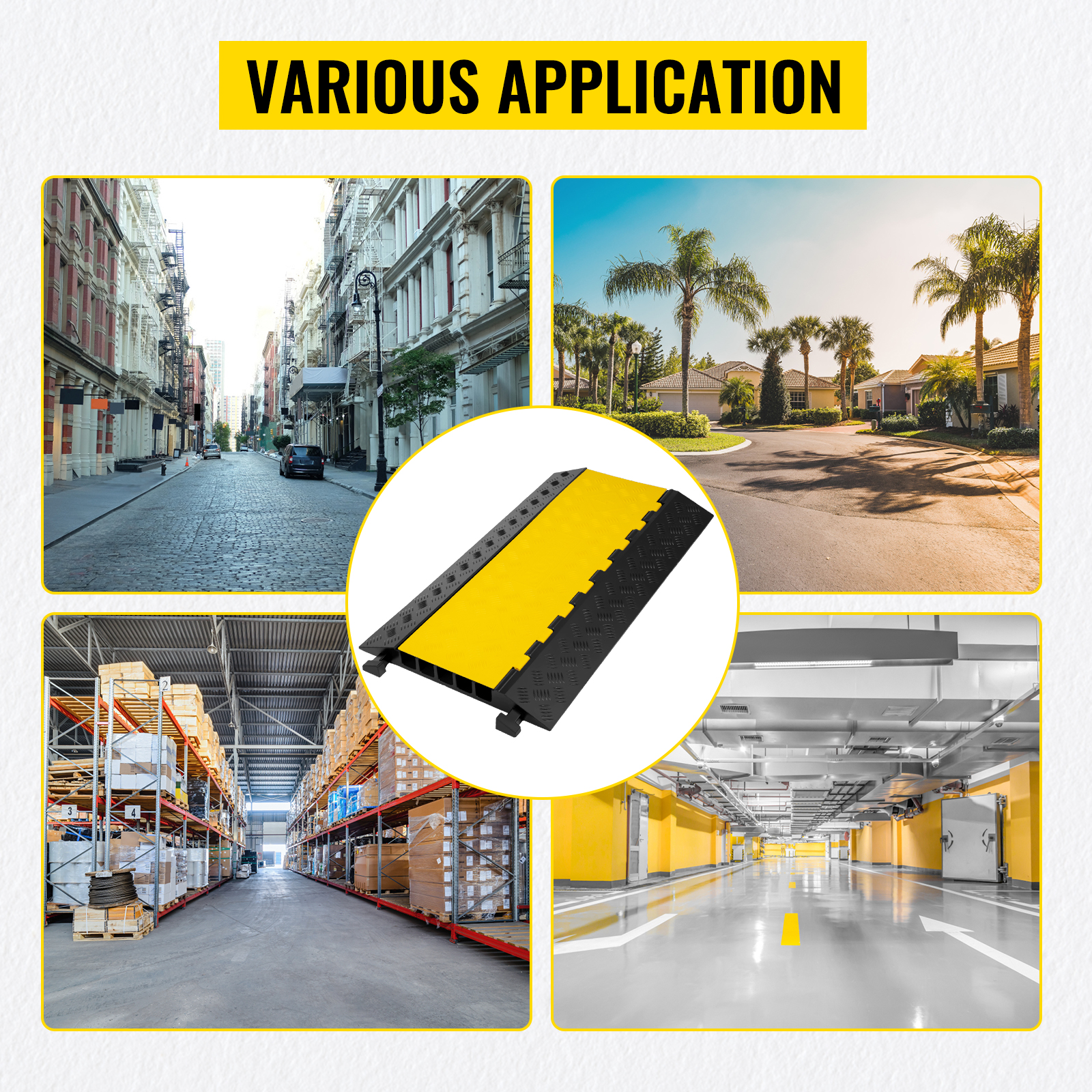 VEVOR 5 channel cable protectors in urban street, suburban area, warehouse, and parking garage.
