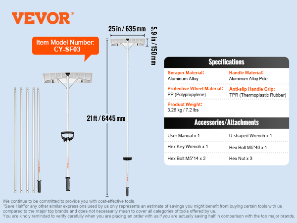 VEVOR snow roof rake with aluminum alloy scraper, 25in blade, tpr handle grip, and included accessories.