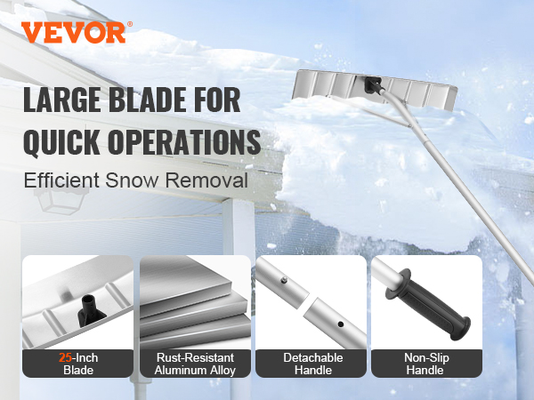VEVOR snow roof rake with 25-inch rust-resistant blade, detachable handle, and non-slip grip.