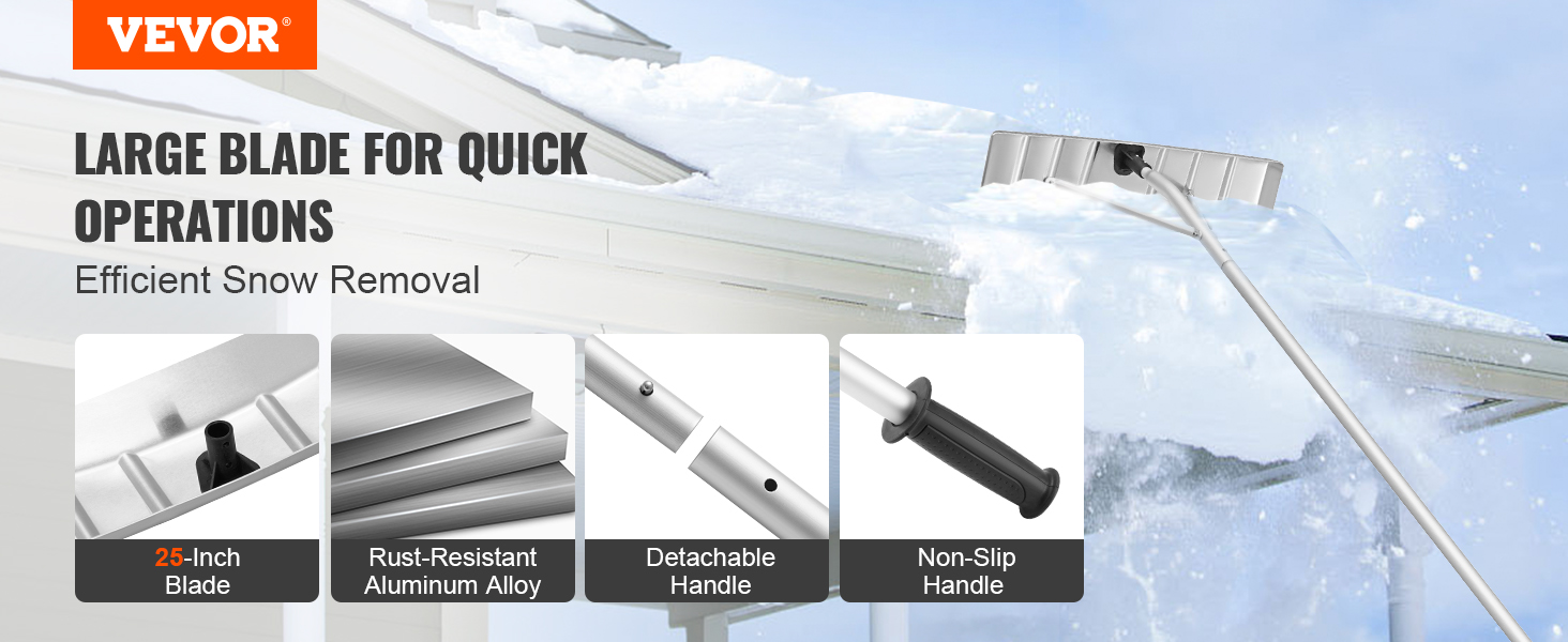 VEVOR snow roof rake with 25-inch rust-resistant blade, detachable handle, and non-slip grip.