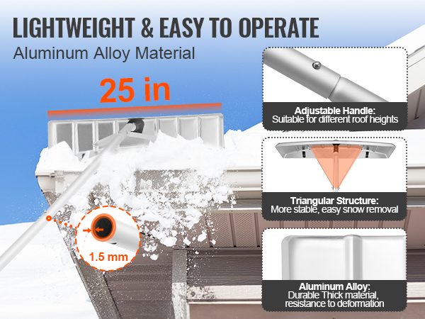 VEVOR snow roof rake with adjustable handle, aluminum alloy material, and 25-inch triangular blade.