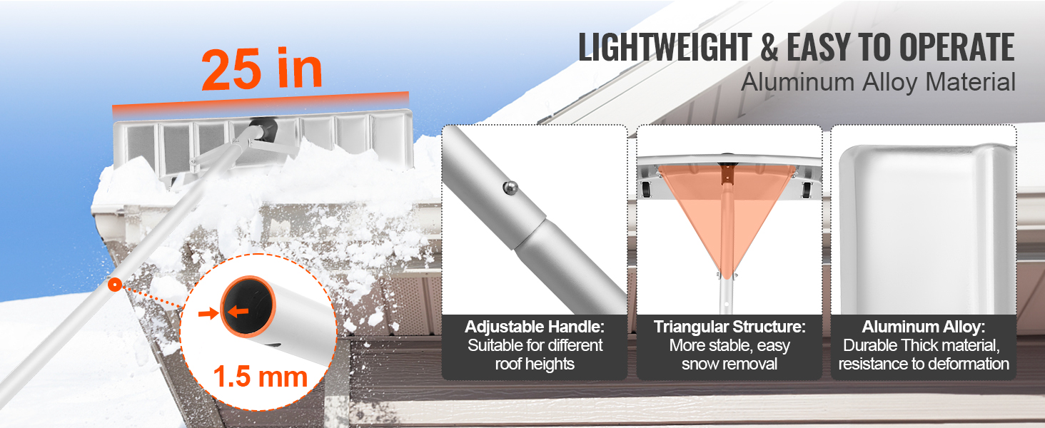 VEVOR snow roof rake with adjustable handle, aluminum alloy material, and 25-inch triangular blade.