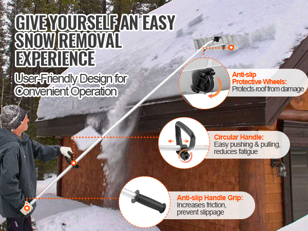 person using VEVOR snow roof rake with anti-slip wheels, circular handle, and grip for snow removal.