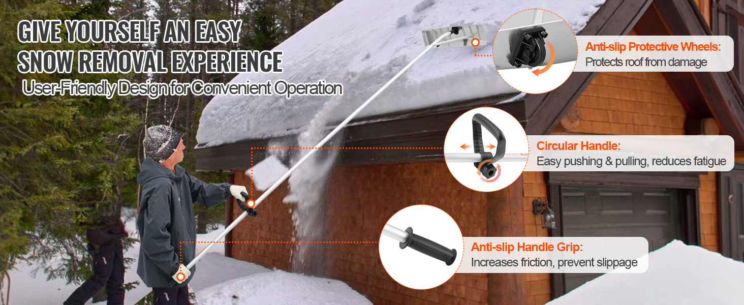 person using VEVOR snow roof rake with anti-slip wheels, circular handle, and grip for snow removal.