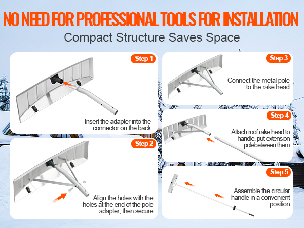 VEVOR snow roof rake installation steps: insert, align holes, connect pole, attach head, assemble handle.