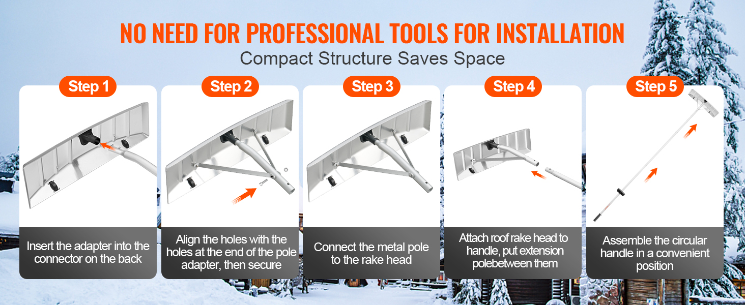 VEVOR snow roof rake installation steps: insert, align holes, connect pole, attach head, assemble handle.