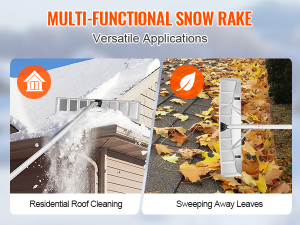 VEVOR snow roof rake for residential roof cleaning and sweeping away leaves, versatile applications.